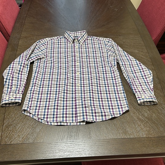 Nautica Men's Wrinkle-Resistant Blue, White, Purple Plaid Button Down‎ Shirt - Picture 5 of 16